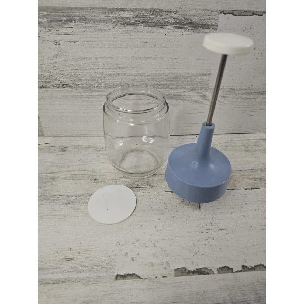 Vintage Manual Food Chopper Glass Jar Blue Plastic Plunger Zigzag Blade Retro